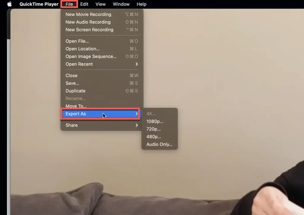 Exporting a video file in QuickTime Player for MacOS