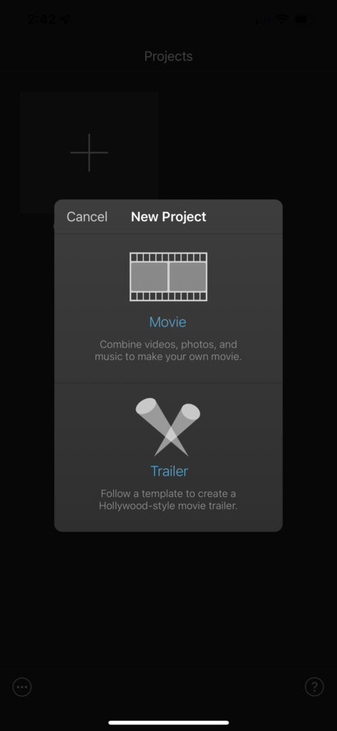 Click in "Movie" to create new movie project in iMovie for iPhone