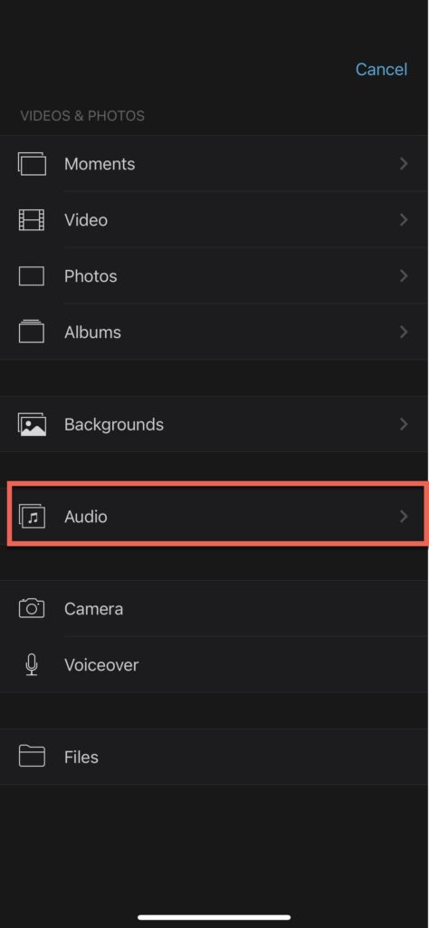 Press "Audio" to bring up the audio import options in iMovie for iPhone