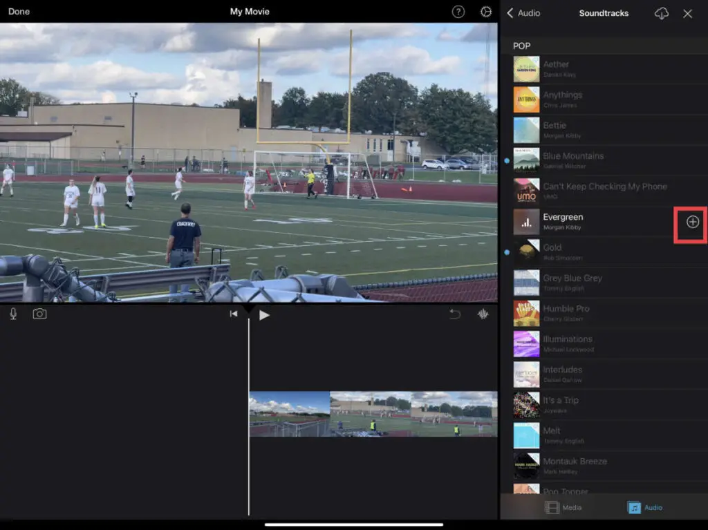 Adding an audio file from the Soundtrack menu in iMovie for iOS