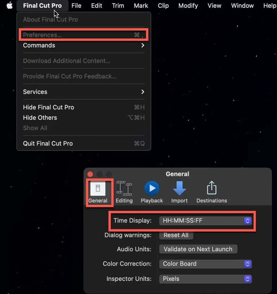 The "Time Display" option in Final Cut Pro