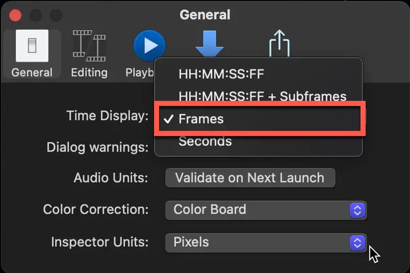 Set "Time Display" Setting to "Frames"