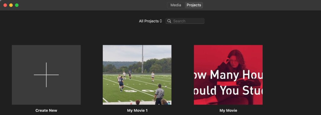 projects screen in iMovie for MacOS