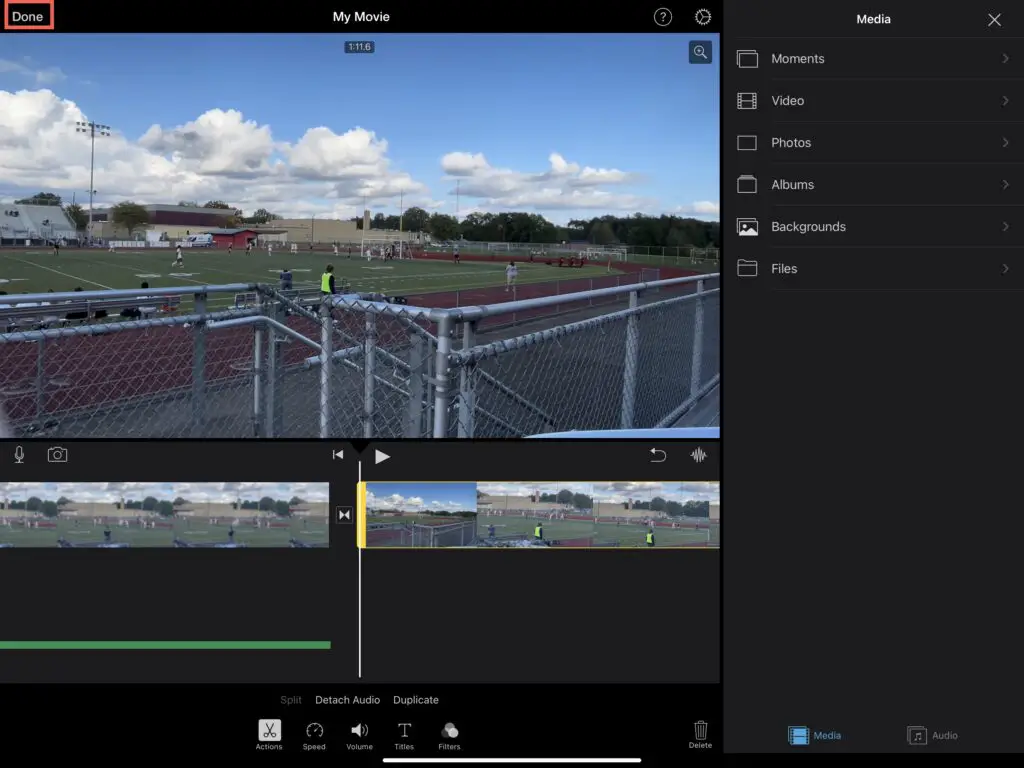 Press the "Done" button to exit edit mode in iMovie for iPad
