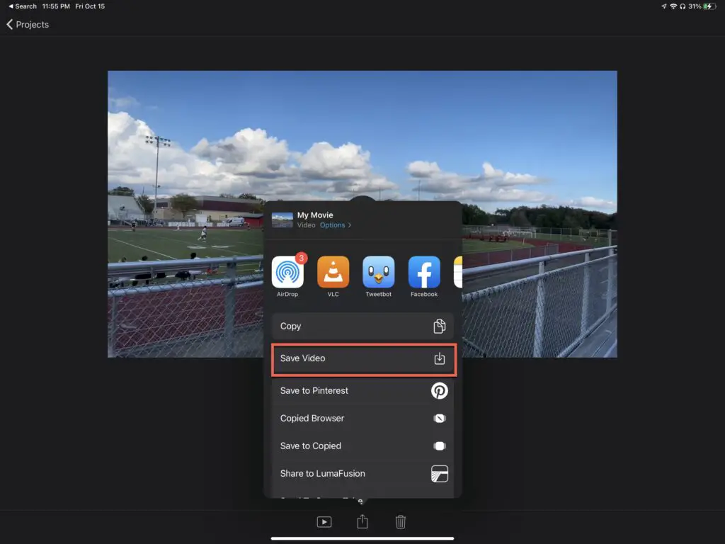 Press "Save Video" to export iMovie project to Photos Library on iPad
