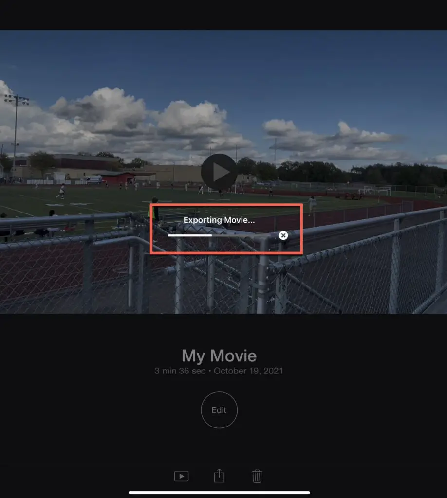 a video being exported in iMovie for iOS