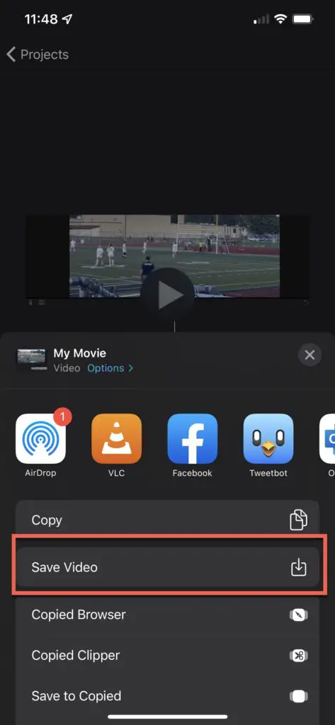 Press the "Save Video" button to export your iMovie project on iPhone