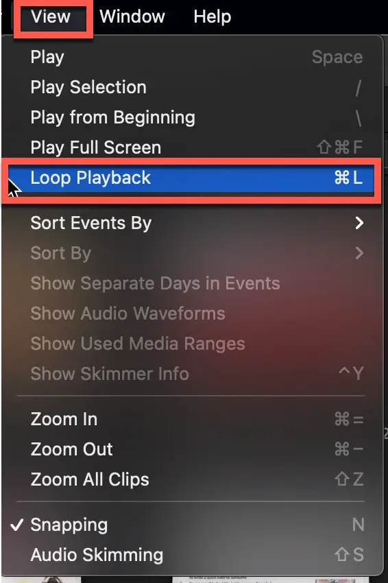 Selecting Loop Playback in iMovie for MacOS
