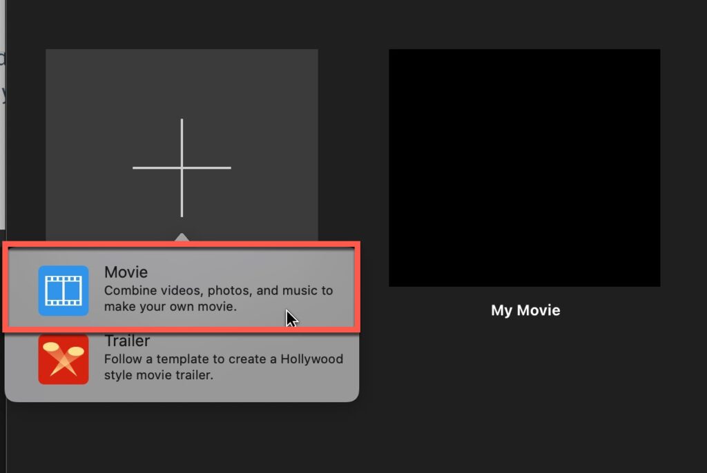 Select "Movie" to create a movie project in iMovie