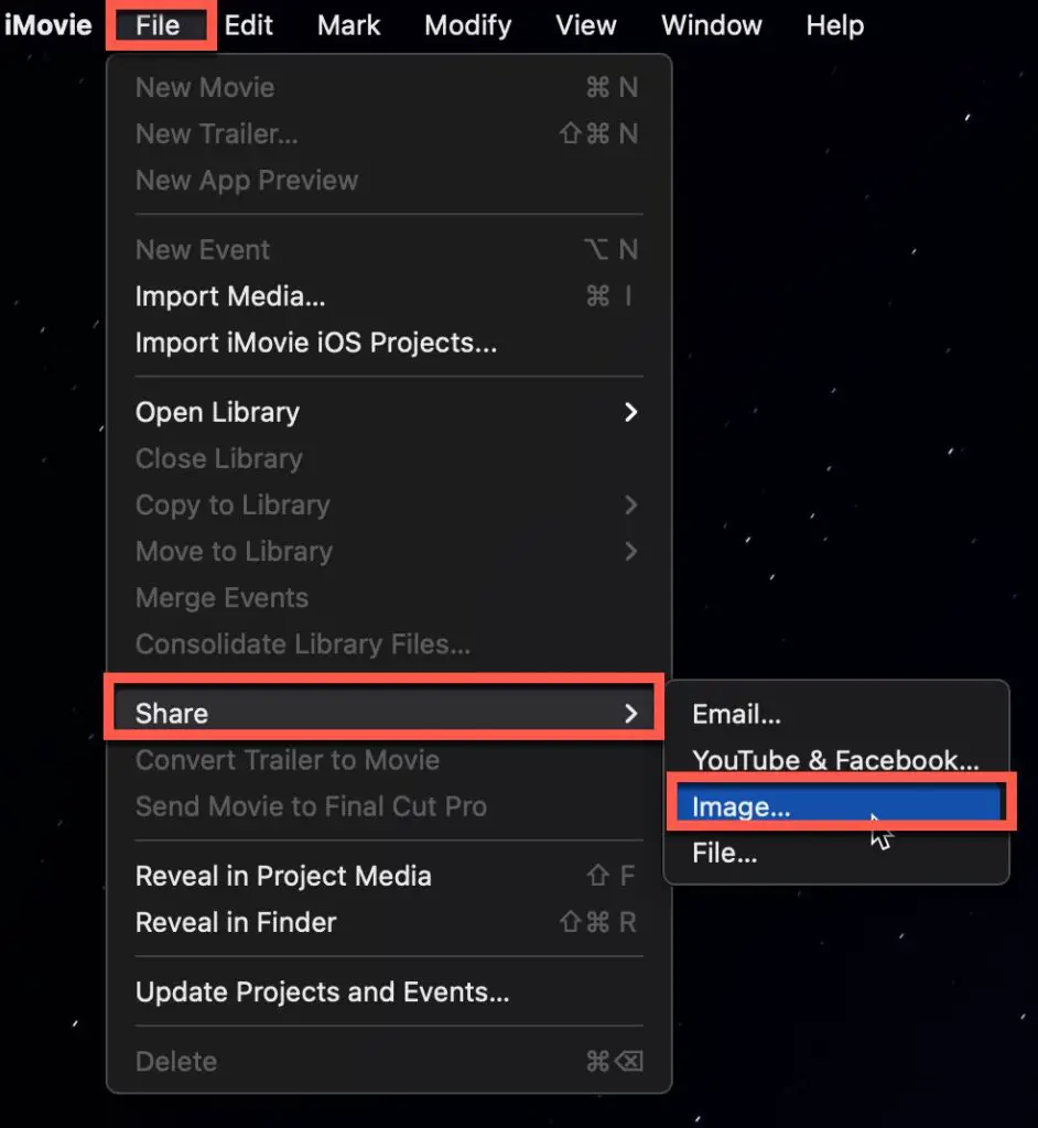 Selecting the image sharing option in iMovie for MacOS