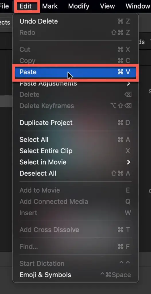 Select Paste option in iMovie for MacOS