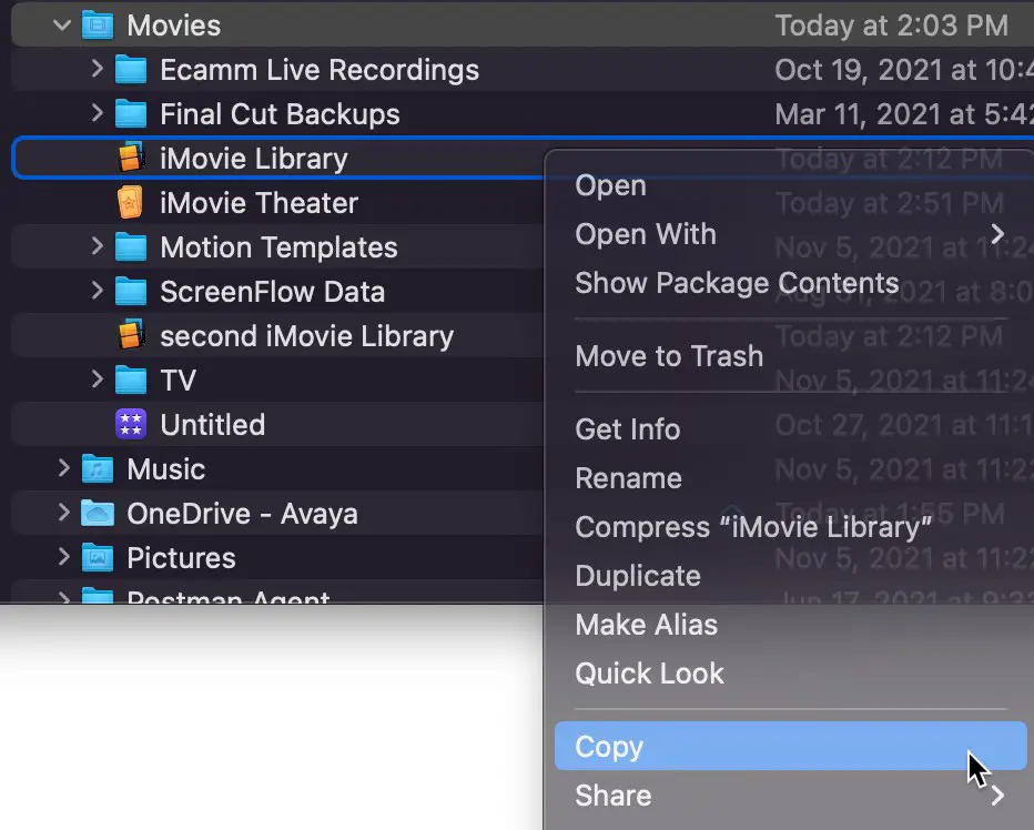 Select "copy" to copy your iMovie library