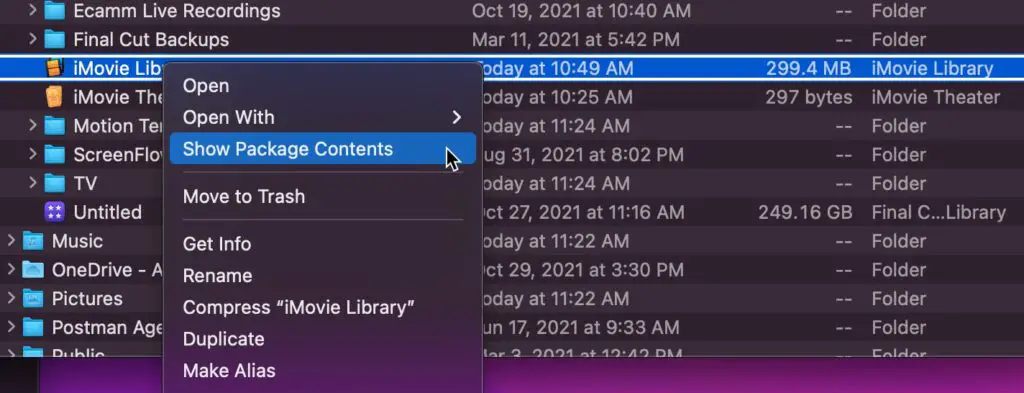 Show Package Contents to view files in iMovie Library