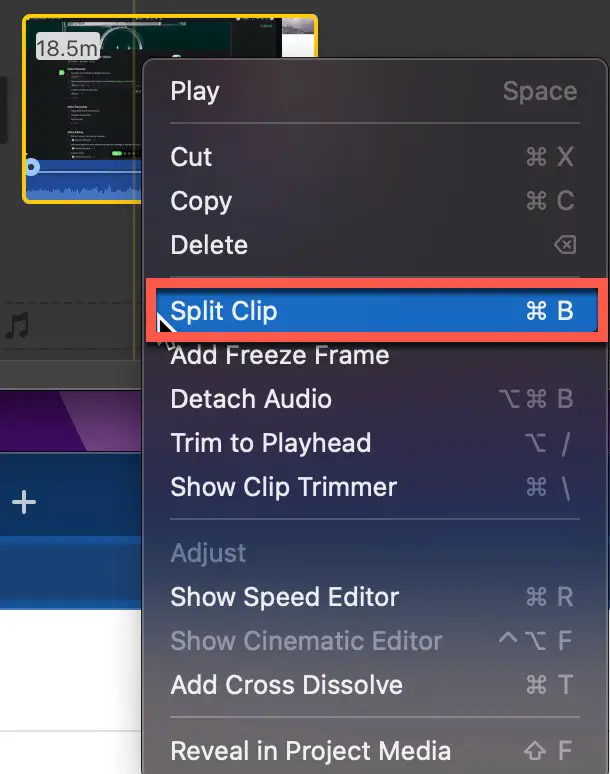 Splitting a clip in iMovie