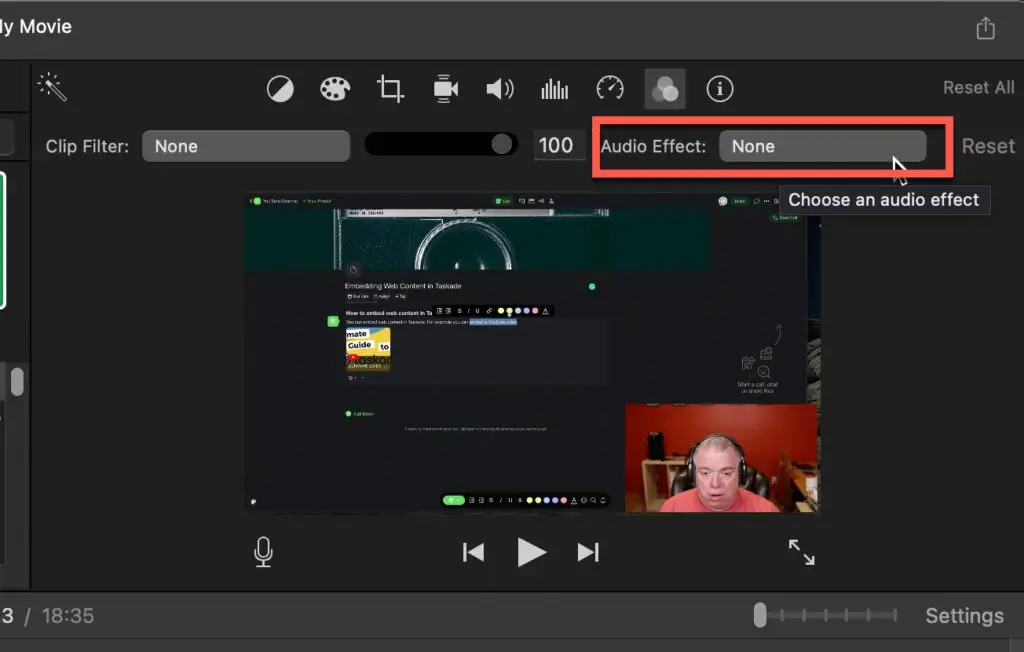 Audio Effects button in iMovie for MacOS