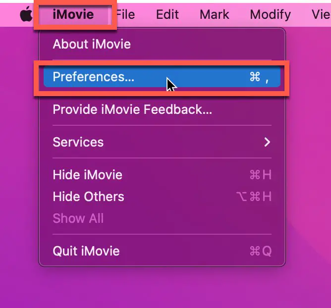 Under iMovie, Select Preferences from the iMovie Main Menu