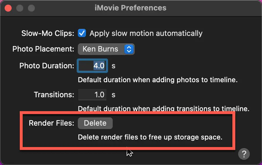 Click Delete to delete the render files in iMovie