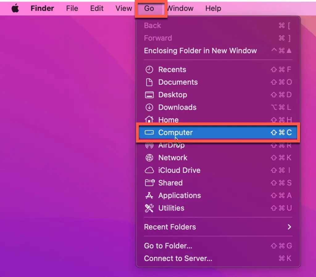 Open the Computer folder in MacOS