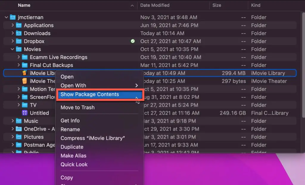 Right-click on iMovie Library file and select "Show Package Contents" 