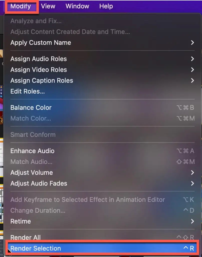 Select "Render Selection" to render individual clips in Final Cut Pro