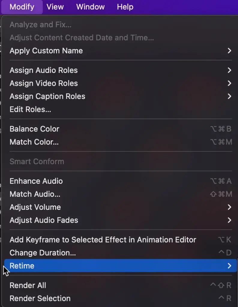 Selecting Retime in Final Cut Pro