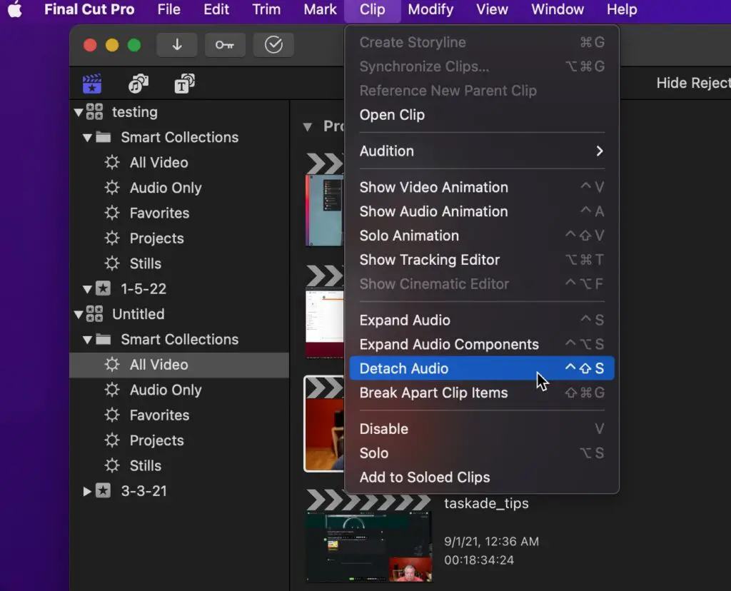Detaching Audio from Video Clip in Final Cut Pro