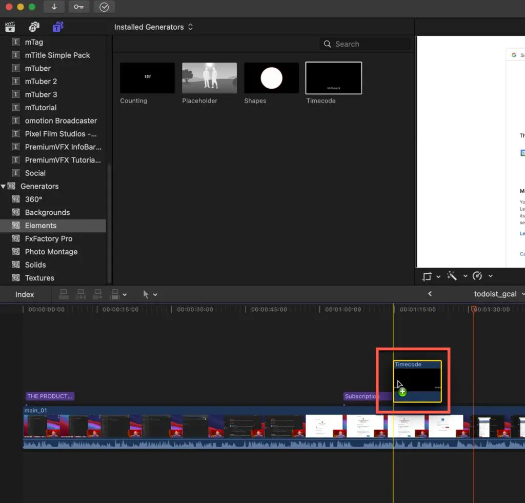 Dragging a generator into the timeline in Final Cut Pro
